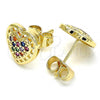 Oro Laminado Stud Earring, Gold Filled Style Heart Design, with Multicolor Micro Pave, Polished, Golden Finish, 02.210.0420.1