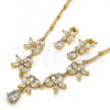 Oro Laminado Necklace and Earring, Gold Filled Style Flower and Teardrop Design, with White Cubic Zirconia, Polished, Golden Finish, 06.205.0003