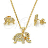 Oro Laminado Earring and Pendant Adult Set, Gold Filled Style Elephant Design, with Ruby and White Micro Pave, Polished, Golden Finish, 10.199.0076.2