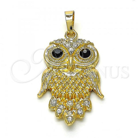 Oro Laminado Fancy Pendant, Gold Filled Style Owl Design, with Black and White Crystal, Polished, Golden Finish, 05.213.0069