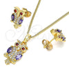 Oro Laminado Earring and Pendant Adult Set, Gold Filled Style Owl Design, with Amethyst and Garnet Cubic Zirconia, Polished, Golden Finish, 10.210.0123.2