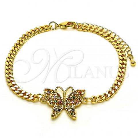 Oro Laminado Fancy Bracelet, Gold Filled Style Butterfly Design, with Multicolor Micro Pave, Polished, Golden Finish, 03.341.0182.08