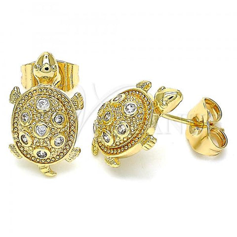 Oro Laminado Stud Earring, Gold Filled Style Turtle Design, with White Micro Pave, Polished, Golden Finish, 02.210.0408