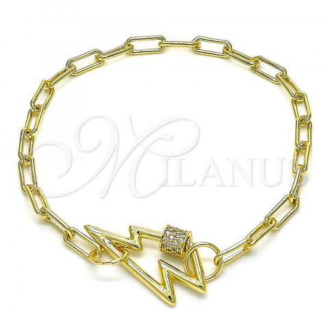 Oro Laminado Fancy Bracelet, Gold Filled Style Paperclip Design, with White Micro Pave, Polished, Golden Finish, 03.341.0043.08
