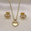 Oro Laminado Earring and Pendant Adult Set, Gold Filled Style Heart Design, with White Micro Pave, Polished, Golden Finish, 10.156.0279