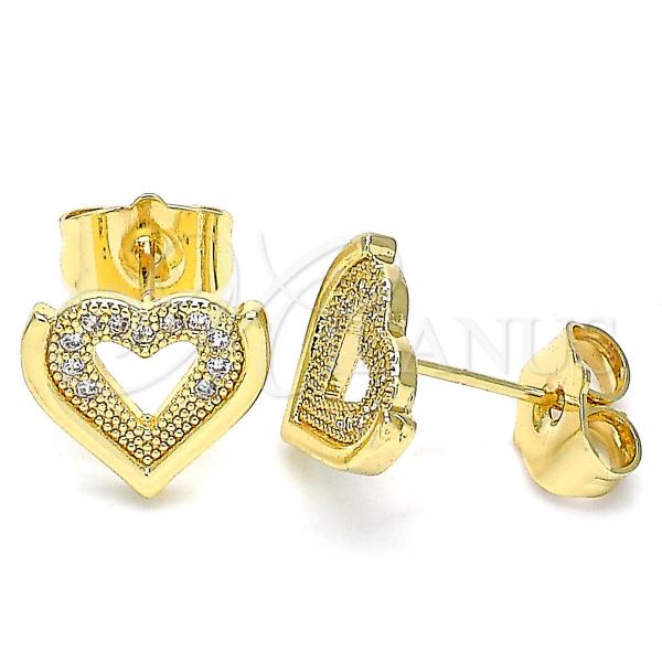 Oro Laminado Stud Earring, Gold Filled Style Heart Design, with White Micro Pave, Polished, Golden Finish, 02.156.0511