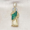 Oro Laminado Religious Pendant, Gold Filled Style San Judas and Greek Key Design, with White Crystal, Polished, Tricolor, 05.411.0067.1