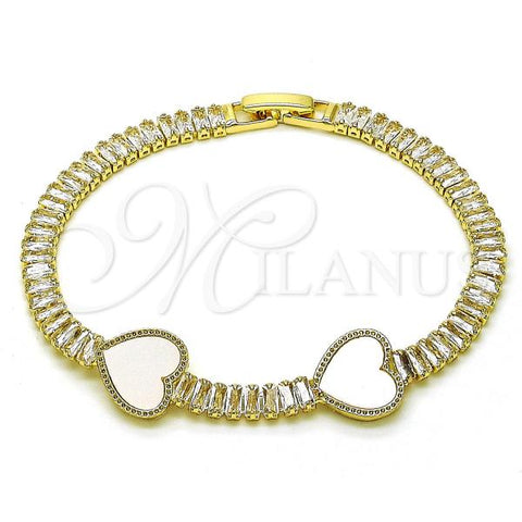 Oro Laminado Fancy Bracelet, Gold Filled Style Heart and Baguette Design, with White Cubic Zirconia and Ivory Mother of Pearl, Polished, Golden Finish, 03.283.0414.07