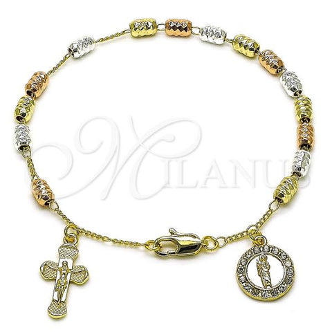 Oro Laminado Bracelet Rosary, Gold Filled Style San Judas and Cross Design, with White Crystal, Diamond Cutting Finish, Tricolor, 09.253.0073.08