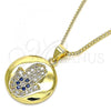 Oro Laminado Pendant Necklace, Gold Filled Style Hand of God Design, with Sapphire Blue and White Micro Pave, Polished, Golden Finish, 04.156.0398.20