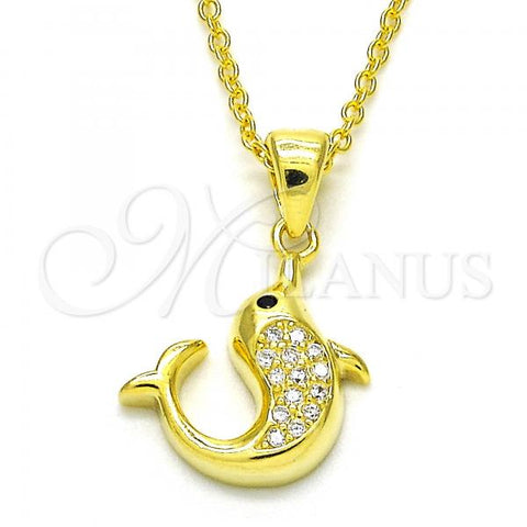 Sterling Silver Pendant Necklace, Dolphin Design, with White and Black Cubic Zirconia, Polished, Golden Finish, 04.336.0121.2.16