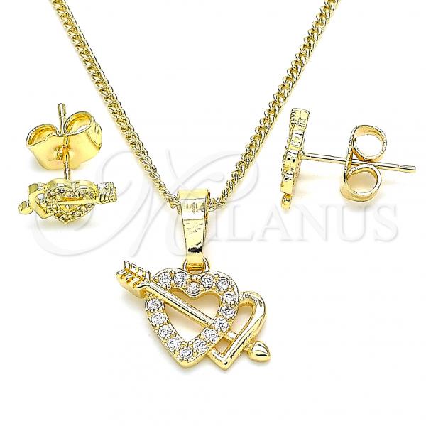 Oro Laminado Earring and Pendant Adult Set, Gold Filled Style Heart Design, with White Micro Pave, Polished, Golden Finish, 10.233.0044