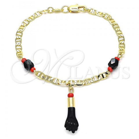 Oro Laminado Charm Bracelet, Gold Filled Style Hand Design, with Black and Orange Red Azavache, Polished, Golden Finish, 03.63.1812.07
