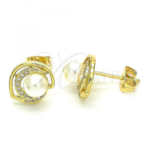 Oro Laminado Stud Earring, Gold Filled Style Ball Design, with White Cubic Zirconia and Ivory Pearl, Polished, Golden Finish, 02.156.0343