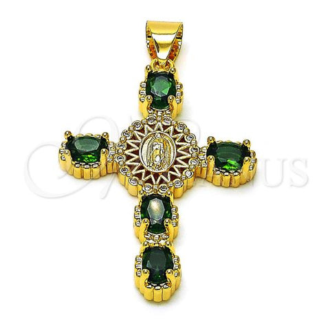 Oro Laminado Religious Pendant, Gold Filled Style Cross and Guadalupe Design, with Green and White Cubic Zirconia, Polished, Golden Finish, 05.342.0226.1