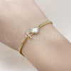 Oro Laminado Fancy Bracelet, Gold Filled Style Four-leaf Clover and Miami Cuban Design, with Ivory Mother of Pearl and White Micro Pave, Polished, Golden Finish, 03.213.0319.07