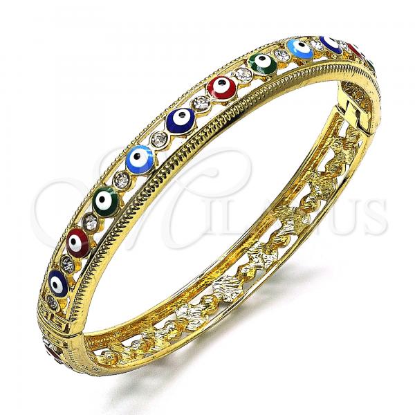 Oro Laminado Individual Bangle, Gold Filled Style Evil Eye Design, with White Crystal, Multicolor Enamel Finish, Golden Finish, 07.380.0001.2.05