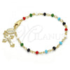 Oro Laminado Bracelet Rosary, Gold Filled Style Guadalupe and Crucifix Design, with Multicolor Azavache, Polished, Golden Finish, 09.63.0103.1.08
