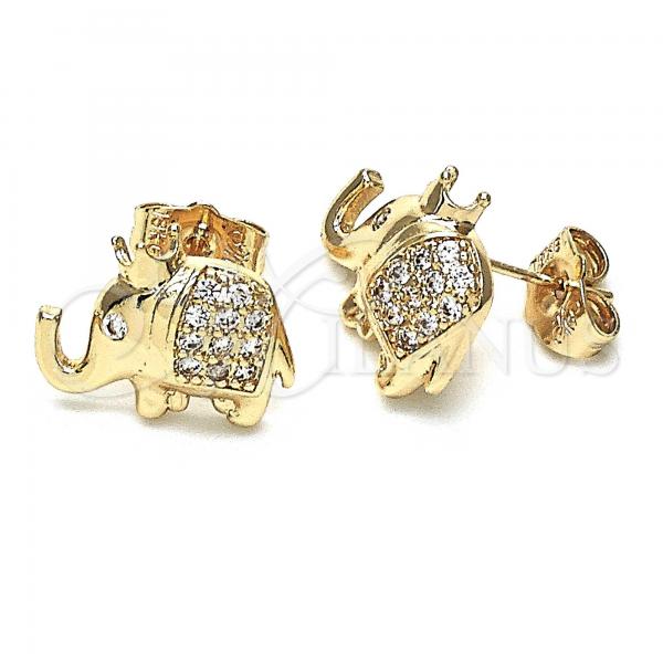 Oro Laminado Stud Earring, Gold Filled Style Elephant and Crown Design, with White Micro Pave, Polished, Golden Finish, 02.185.0009