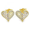 Oro Laminado Stud Earring, Gold Filled Style Heart Design, with White Micro Pave, Polished, Golden Finish, 02.156.0492