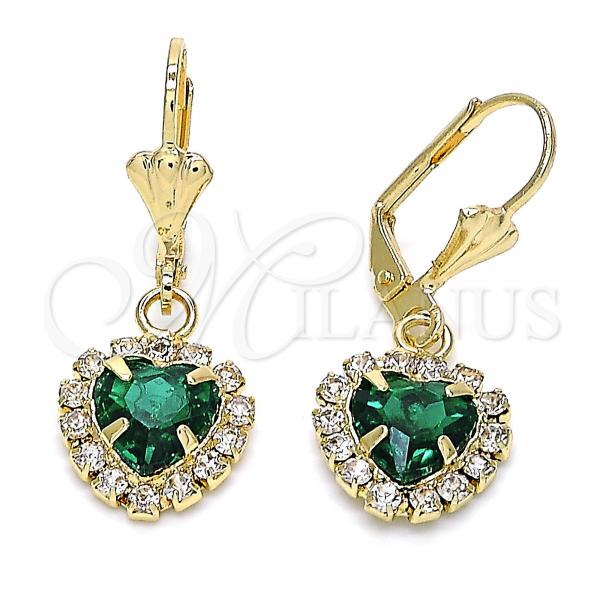 Oro Laminado Dangle Earring, Gold Filled Style Heart Design, with Green and White Crystal, Polished, Golden Finish, 02.122.0114.6