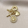 Oro Laminado Religious Pendant, Gold Filled Style Caridad del Cobre and Heart Design, with White Micro Pave, Polished, Golden Finish, 05.341.0108