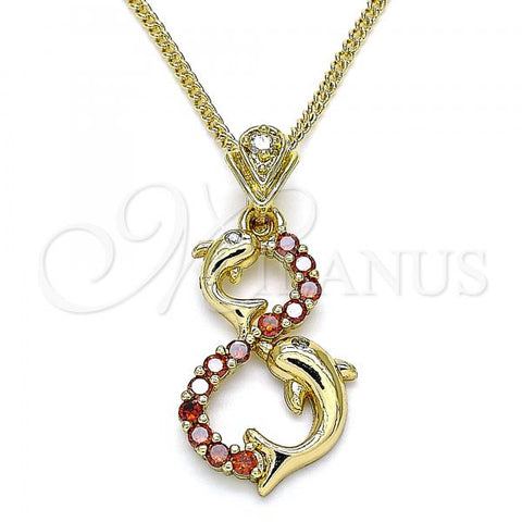 Oro Laminado Pendant Necklace, Gold Filled Style Dolphin Design, with Garnet and White Cubic Zirconia, Polished, Golden Finish, 04.346.0019.1.20