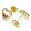 Oro Laminado Stud Earring, Gold Filled Style Heart Design, with Garnet and White Micro Pave, Polished, Golden Finish, 02.156.0500.1