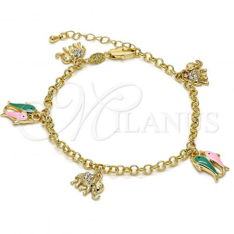 Oro Laminado Charm Bracelet, Gold Filled Style Elephant and Fish Design, with White Crystal, Multicolor Enamel Finish, Golden Finish, 03.63.1365.07