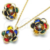 Oro Laminado Earring and Pendant Adult Set, Gold Filled Style Flower Design, with Multicolor Cubic Zirconia, Polished, Golden Finish, 10.64.0156.5