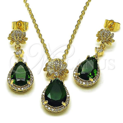 Oro Laminado Earring and Pendant Adult Set, Gold Filled Style Teardrop and Cluster Design, with Green Cubic Zirconia and White Micro Pave, Polished, Golden Finish, 10.196.0195
