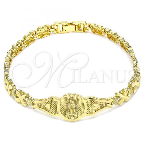 Oro Laminado Fancy Bracelet, Gold Filled Style Guadalupe and Heart Design, Diamond Cutting Finish, Golden Finish, 03.100.0068.08