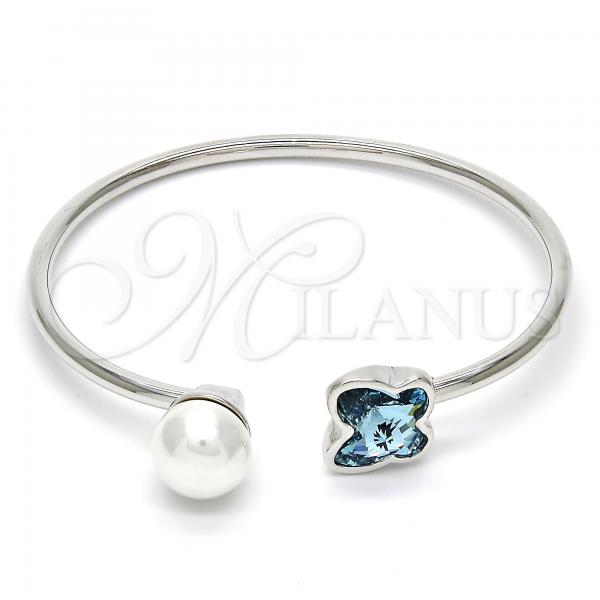 Rhodium Plated Individual Bangle, Butterfly Design, with Aquamarine Swarovski Crystals and Ivory Pearl, Polished, Rhodium Finish, 07.239.0005.3 (03 MM Thickness, One size fits all)