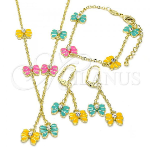Oro Laminado Earring and Pendant Children Set, Gold Filled Style Butterfly Design, with White Crystal, Multicolor Enamel Finish, Golden Finish, 06.60.0004.4