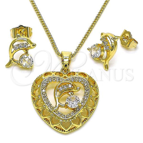 Oro Laminado Earring and Pendant Adult Set, Gold Filled Style Heart and Dolphin Design, with White Micro Pave and White Cubic Zirconia, Polished, Golden Finish, 10.210.0178