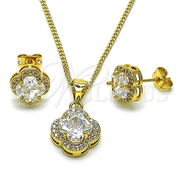 Oro Laminado Earring and Pendant Adult Set, Gold Filled Style Four-leaf Clover Design, with White Cubic Zirconia and White Micro Pave, Polished, Golden Finish, 10.342.0193.4