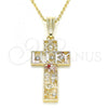 Oro Laminado Religious Pendant, Gold Filled Style Cross and Owl Design, with Garnet and White Crystal, Polished, Tricolor, 05.351.0058