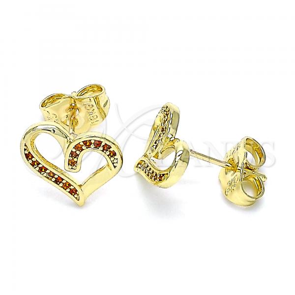 Oro Laminado Stud Earring, Gold Filled Style Heart Design, with Garnet Micro Pave, Polished, Golden Finish, 02.156.0621.1