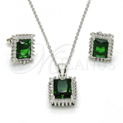 Sterling Silver Earring and Pendant Adult Set, with Green and White Cubic Zirconia, Polished, Rhodium Finish, 10.175.0061.1