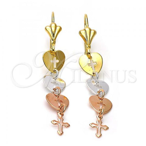 Oro Laminado Long Earring, Gold Filled Style Cross and Heart Design, Polished, Tricolor, 5.212.025