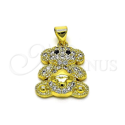 Oro Laminado Fancy Pendant, Gold Filled Style Teddy Bear Design, with White and Black Micro Pave, Polished, Golden Finish, 05.381.0027