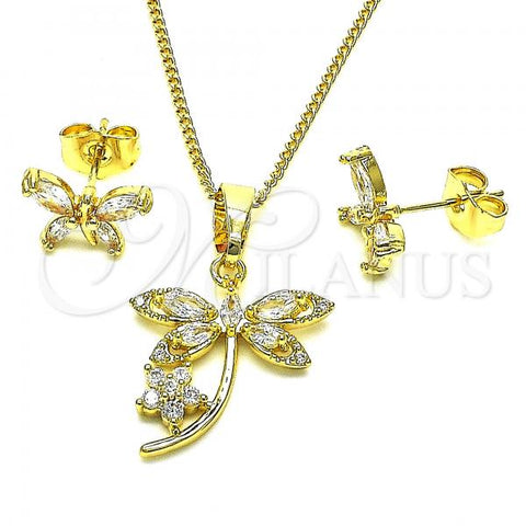 Oro Laminado Earring and Pendant Adult Set, Gold Filled Style Dragon-Fly and Flower Design, with White Cubic Zirconia, Polished, Golden Finish, 10.210.0160