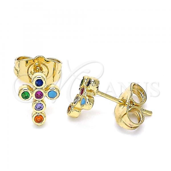 Oro Laminado Stud Earring, Gold Filled Style Cross Design, with Multicolor Micro Pave, Polished, Golden Finish, 02.210.0468.1