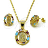 Oro Laminado Earring and Pendant Adult Set, Gold Filled Style Guadalupe Design, with Multicolor Cubic Zirconia, Polished, Golden Finish, 10.411.0012