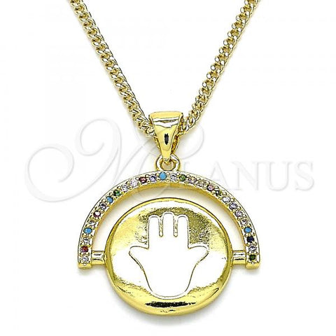 Oro Laminado Pendant Necklace, Gold Filled Style Hand of God Design, with Multicolor Micro Pave, White Enamel Finish, Golden Finish, 04.313.0026.20