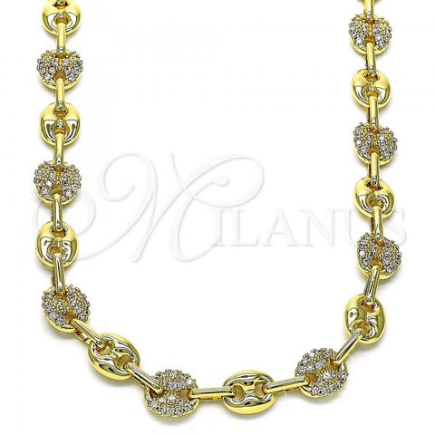 Oro Laminado Fancy Necklace, Gold Filled Style Puff Mariner Design, with White Micro Pave, Polished, Golden Finish, 04.63.1407.28