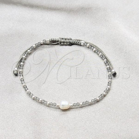 Sterling Silver Adjustable Bolo Bracelet, Ball Design, with White Pearl and Light Grey Opal Crystal, Silver Finish, 03.426.0065.07