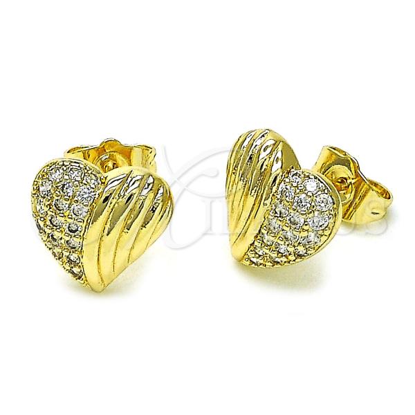 Oro Laminado Stud Earring, Gold Filled Style Heart Design, with White Cubic Zirconia, Polished, Golden Finish, 02.411.0011