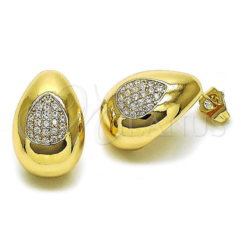 Oro Laminado Stud Earring, Gold Filled Style Chunky Design, with White Cubic Zirconia, Polished, Golden Finish, 02.283.0153