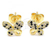 Oro Laminado Stud Earring, Gold Filled Style Butterfly Design, with Black and White Micro Pave, Polished, Golden Finish, 02.233.0022.1